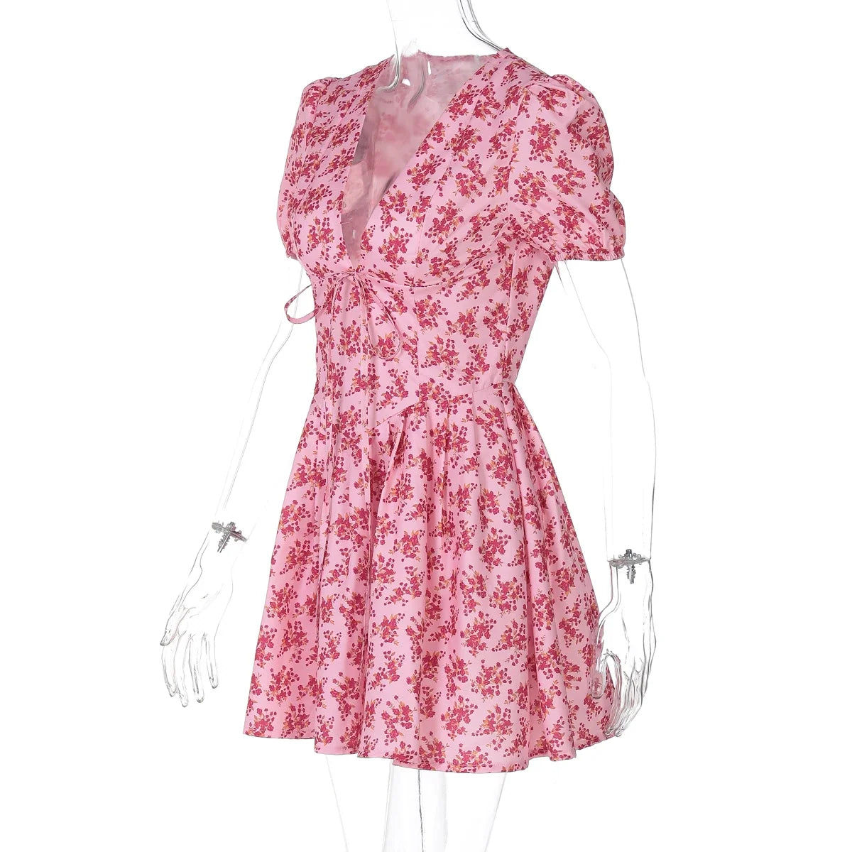 Hugcitar 2026 Floral Print V Neck Short Sleeve Lace Up Zip Up Sexy Slim Pleated Mini Dress Summer Elegant Outfits Party Vacation
