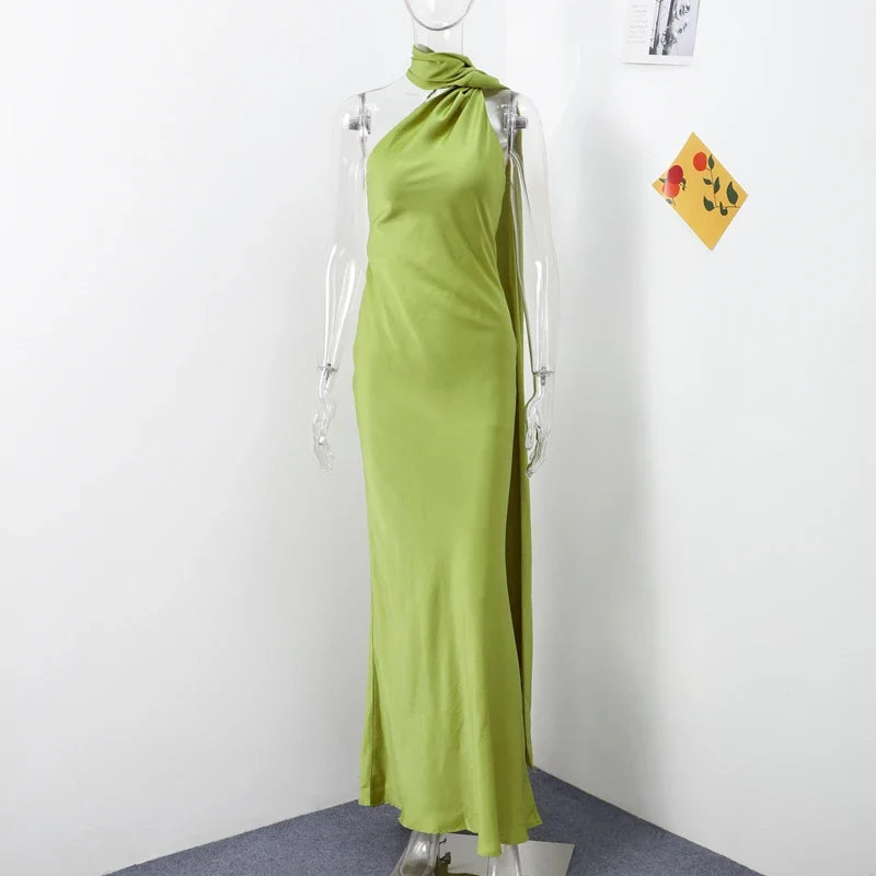Sexy Satin Ribbon Party Dress Women Elegant Halter Backless Off Shoulder Sleeveless Female Dresses 2024 Summer Solid Robe Gown